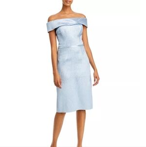 NWT $480 Rickie Freeman For Teri Jon Women's Blue Off-Shoulder Sheath Dress 14